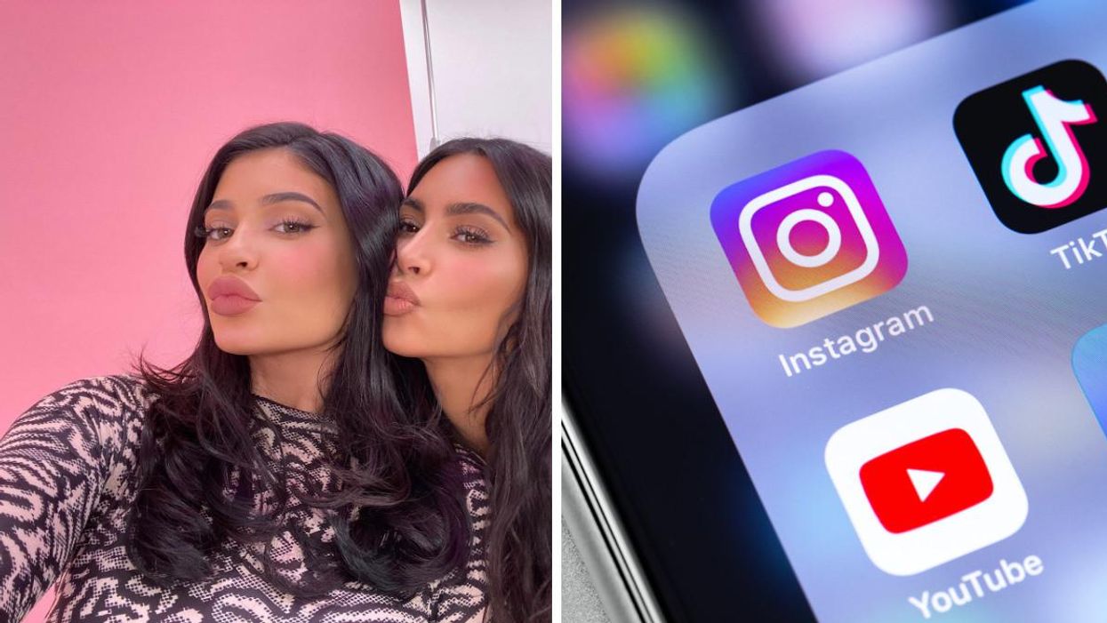 Kylie Jenner and Kim Kardashian. Right: Instagram, TikTok and Youtube icons on a phone screen.
