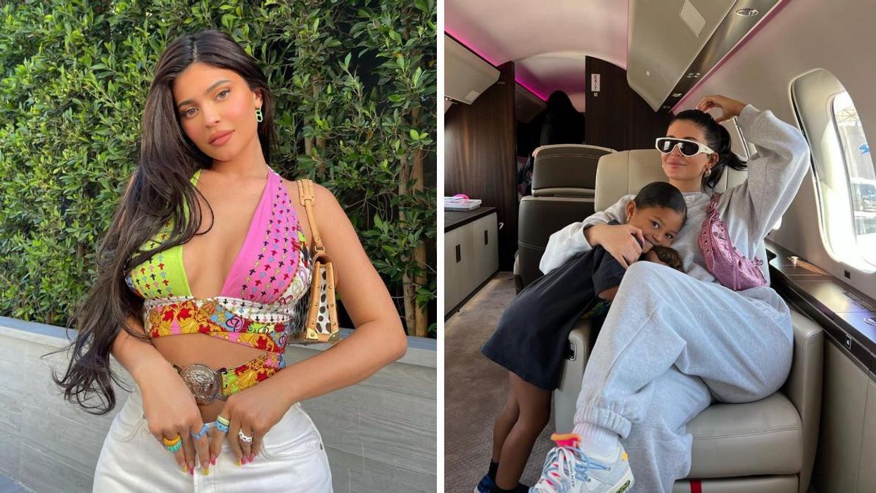 Kylie Jenner in a pink and green top. RIght: Kylie Jenner in a plane with Stormi.