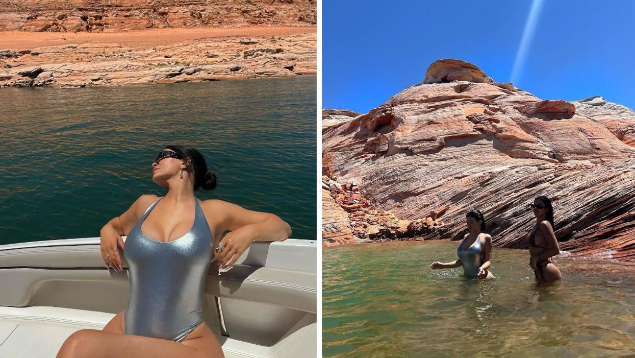 Kylie Jenner on a boat. Right: Kylie Jenner and a friend swimming.