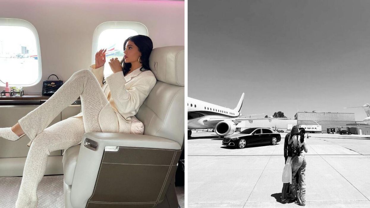 Kylie Jenner sitting her her private jet. Right: Kylie Jenner and Travis Scott next to their private jets.