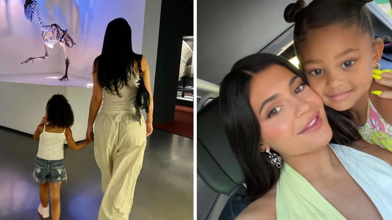 Kylie Jenner & Stormi Webster in the Morian Hall of Paleontology. RIGHT: A selfie of Jenner and Webster.