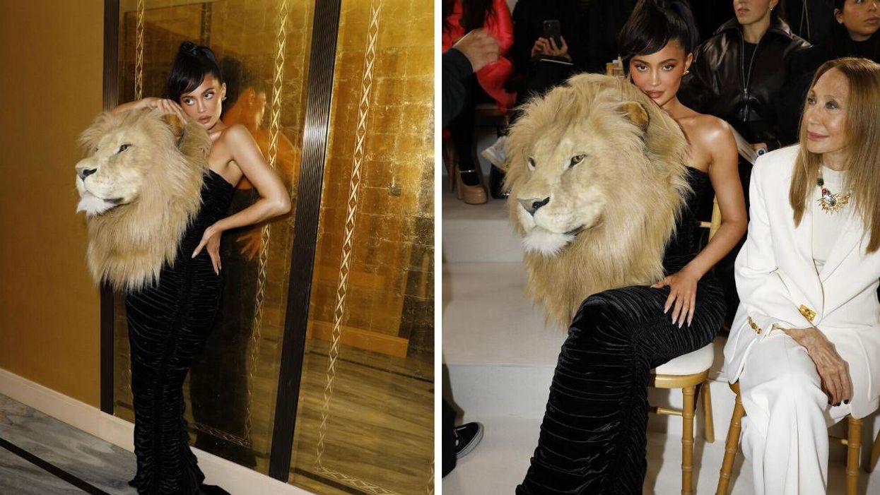 Kylie Jenner wearing the lion-head dress at the Schiaparelli's couture runway show in Paris.