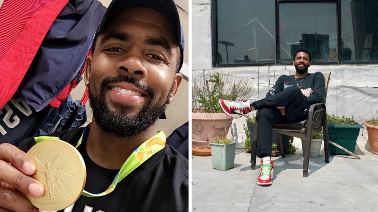 Kyrie Irving with a gold medal. Right: Kyrie Irving in a chair.