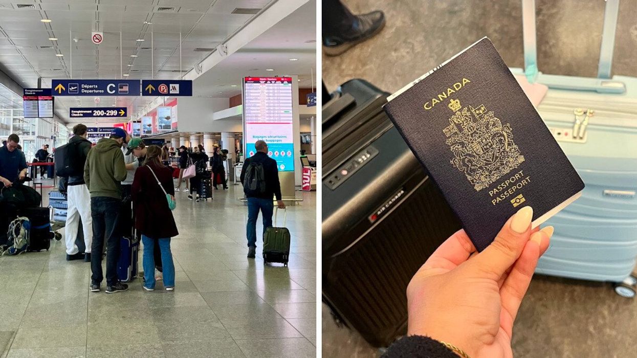L'aéroport de Montréal. Droite : un passeport canadien et des bagages.