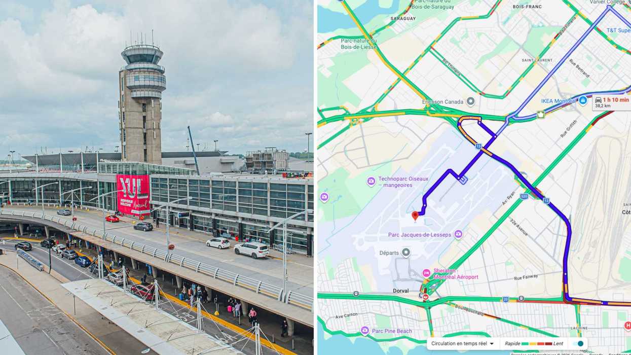 L'aéroport de Montréal. Droite : une capture d'écran de Google Maps.