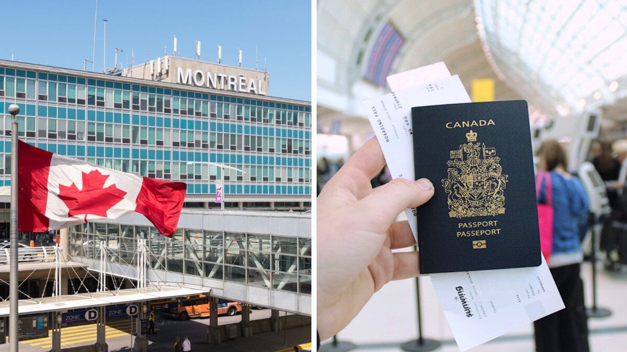 L'aéroport de Montréal. Droite : Une main tient un passeport.