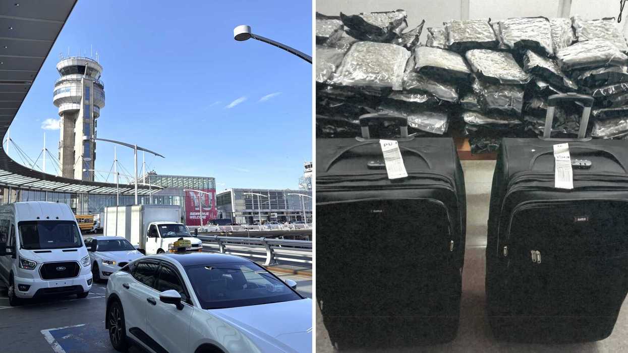 L'aéroport Montréal-Trudeau. Droite : des valises saisies par la police fédérale.