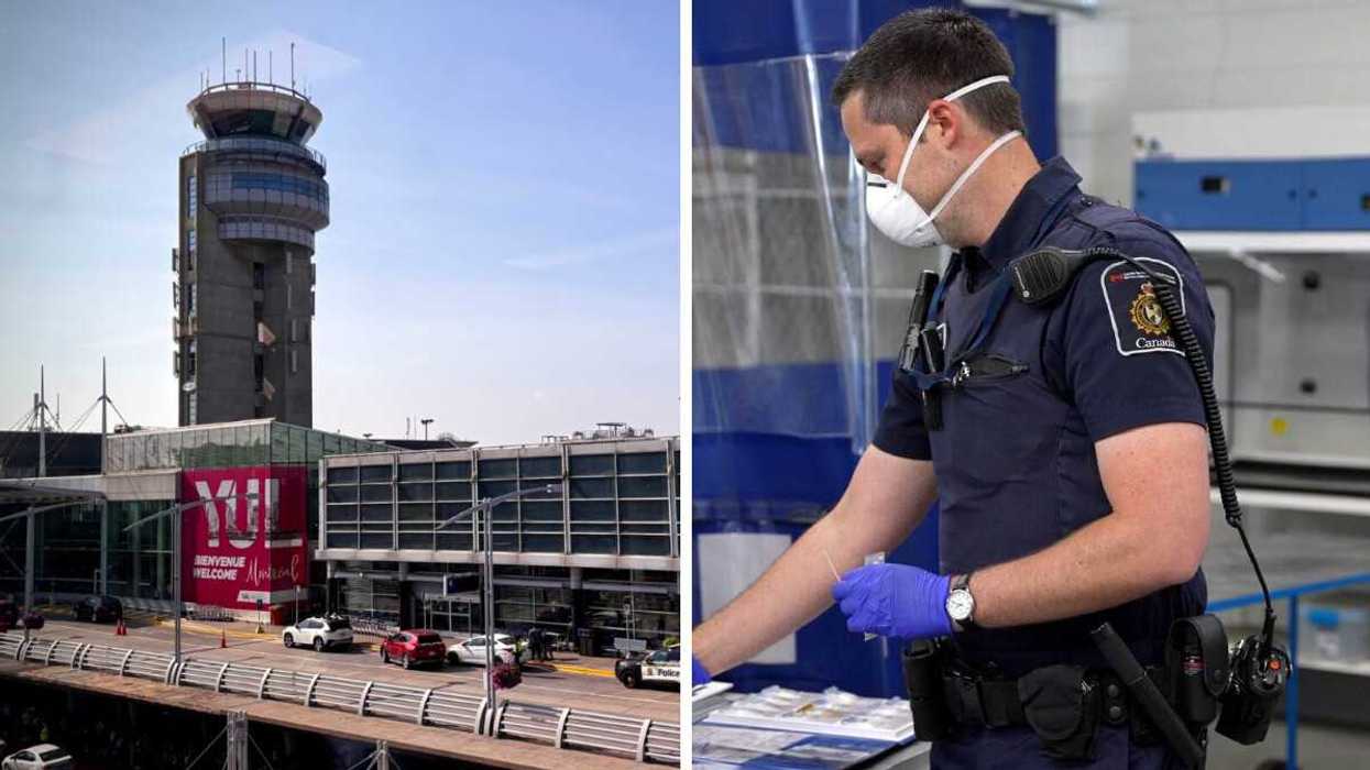 L'aéroport Montréal-Trudeau. Droite : Un agent de l'Agence des services frontaliers du Canada.