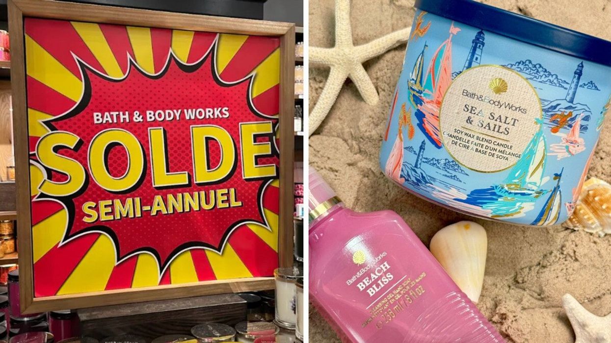 L'affiche de solde semi-annuel Bath & Body Works. Droite : Une chandelle d'été Bath & Body Works et un savon.