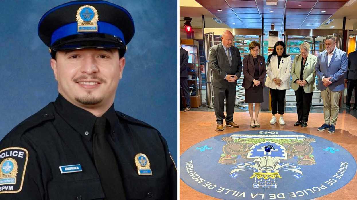 l'agent du SPVM mort au combat, Mohamed Lamine Benredouane. Droite : des gens de la classe politique montréalaise et québécoise.