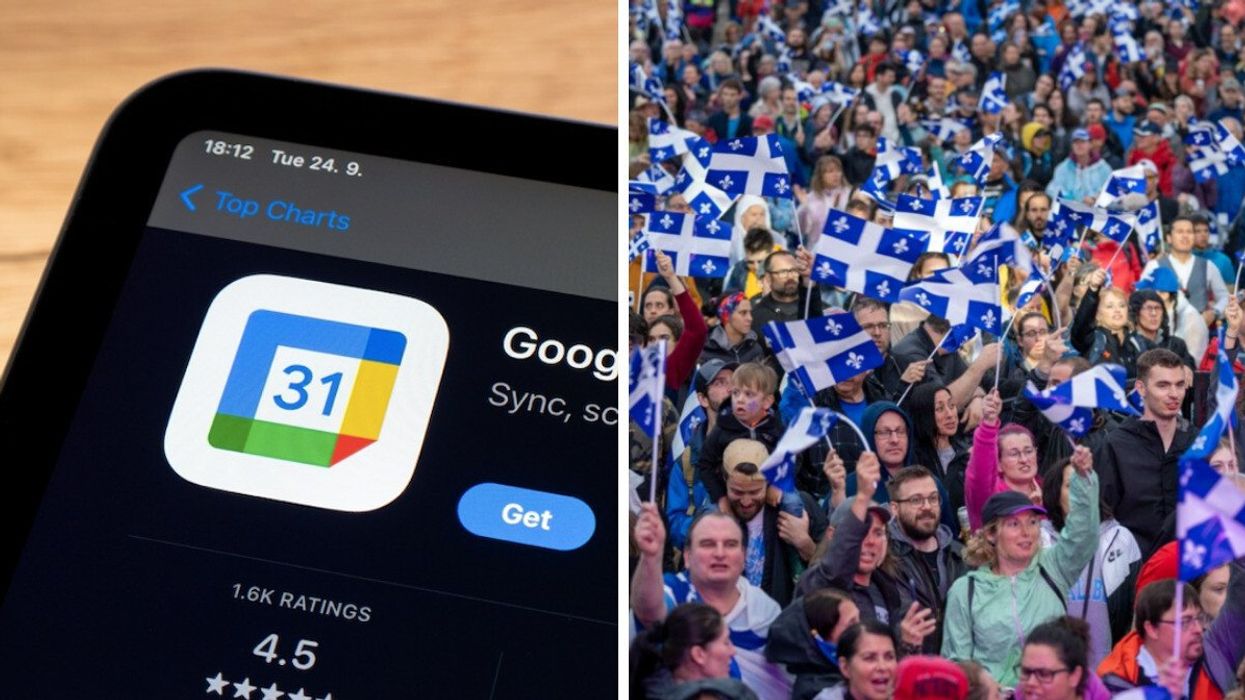 L'application de Google Agenda sur iPhone. À Droite : Une foule qui célèbre la Fête nationale.