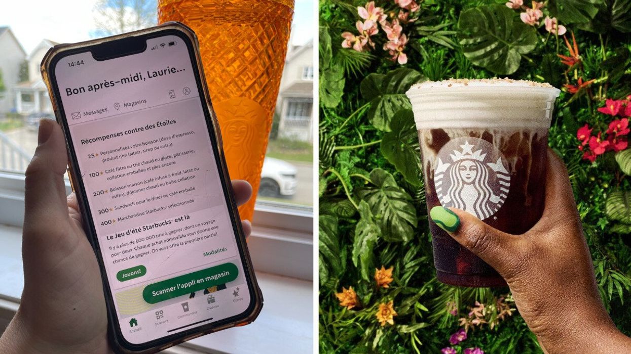 L'application Starbucks. Droite : Boisson Starbucks.