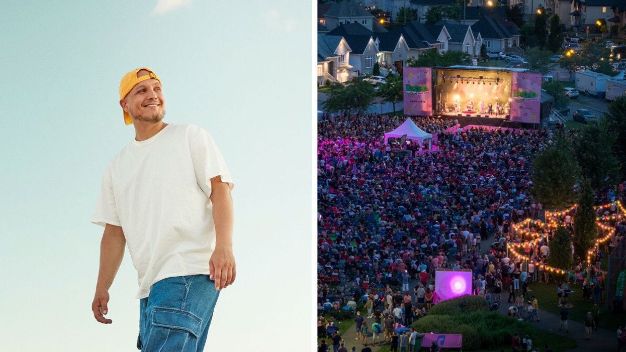 L'artiste québécois Fouki. Droite : La scène et la foule du Festival POP ton été 2023.