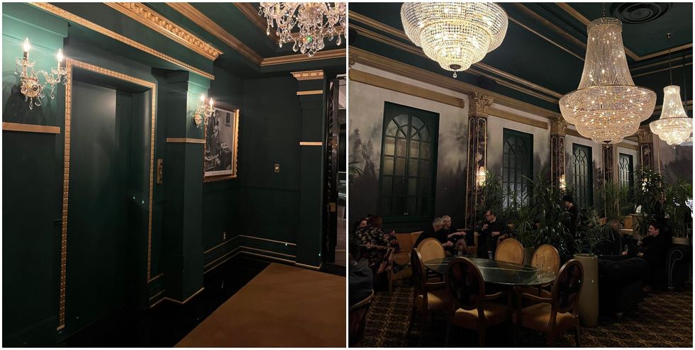 L'ascenseur \u00e0 l'entr\u00e9e du Club Saint-Denis. Droite : Une salle de bal avec trois gros lustres.