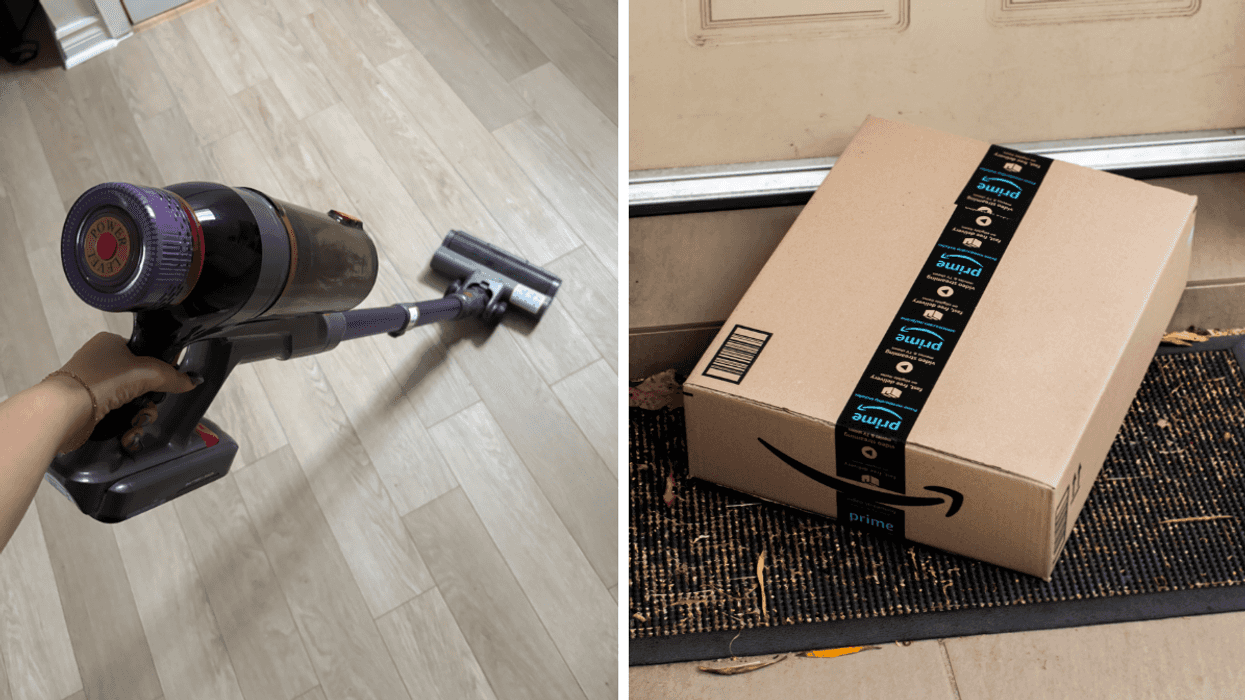 L'aspirateur-balai sans fil MQDXE. Droite : Une boîte Amazon Prime.