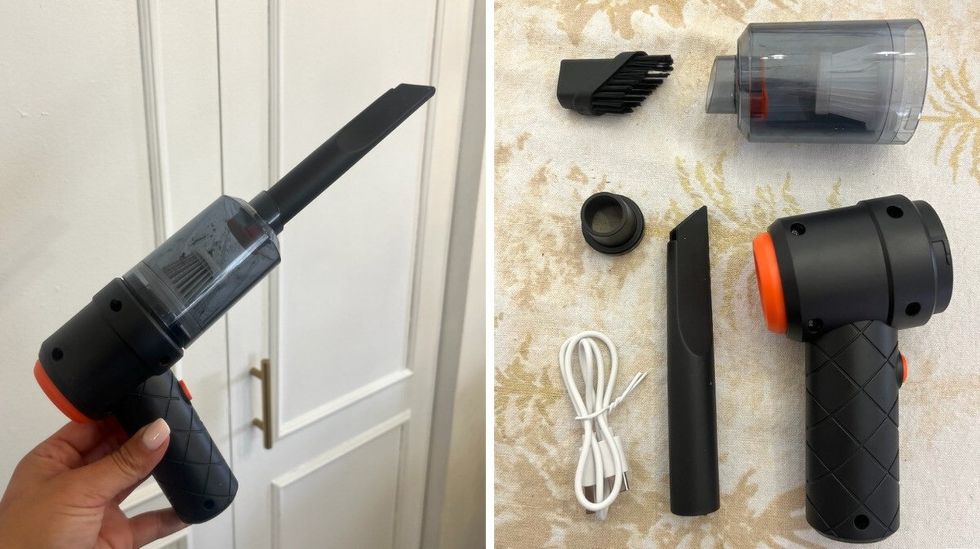 L'aspirateur portatif du Dollarama. Droite : Toutes les pi\u00e8ces incluses.