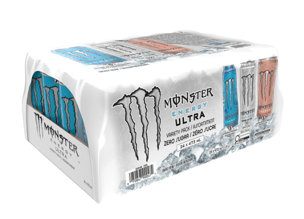 L'assortiment de boissons \u00e9nergisantes Ultra Zero Monster sur le site du Costco.