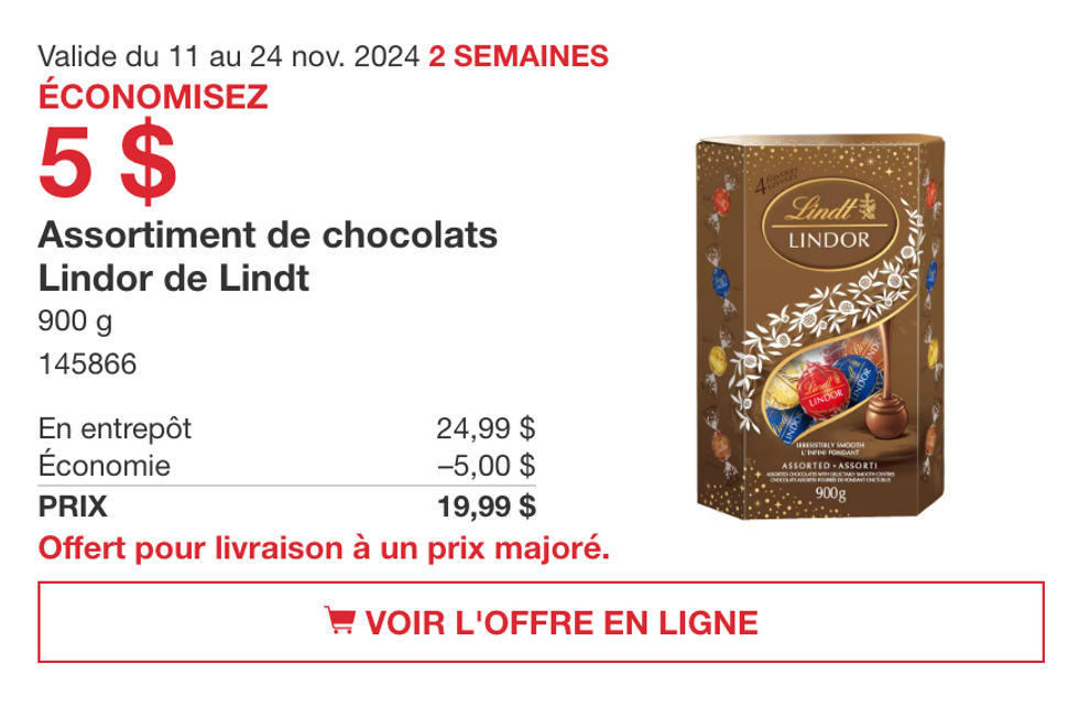 L'assortiment de chocolats Lindor de Lindt dans la circulaire du Costco.