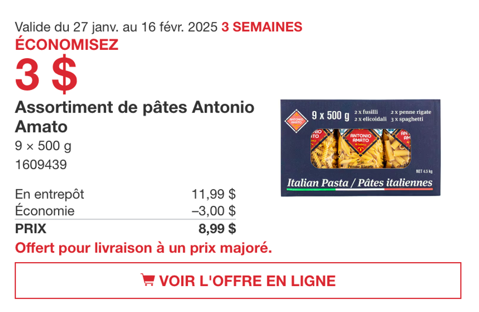 L'assortiment de p\u00e2tes Antonio Amato dans la circulaire en ligne du Costco.