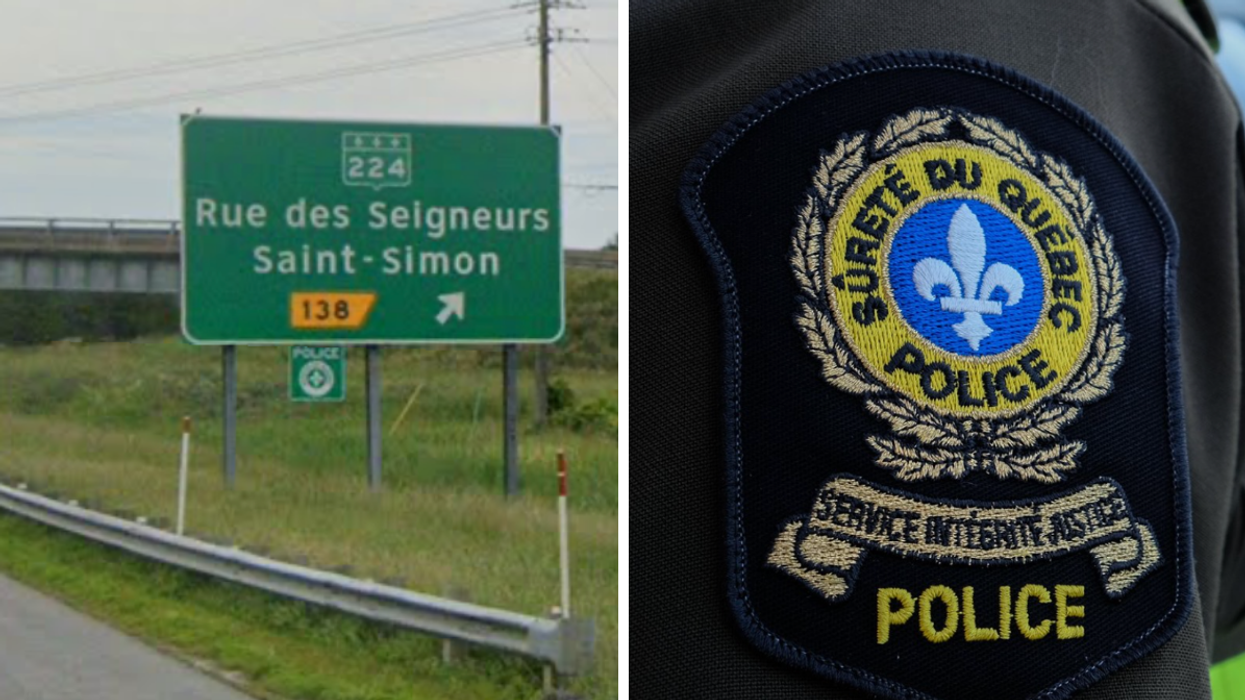 L'autoroute 20 proche de Saint-Simon. Droite : La Sûreté du Québec.