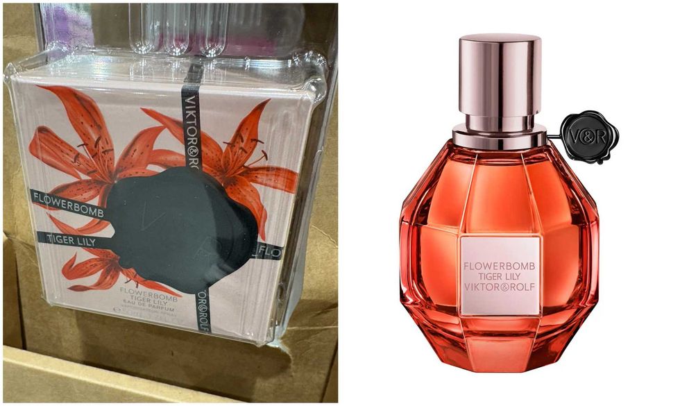L'eau de parfum Flowerbomb Tiger Lily au Costco. Droite : La bouteille d'eau de parfum Flowerbomb Tiger Lily sur le site du Pharmaprix.