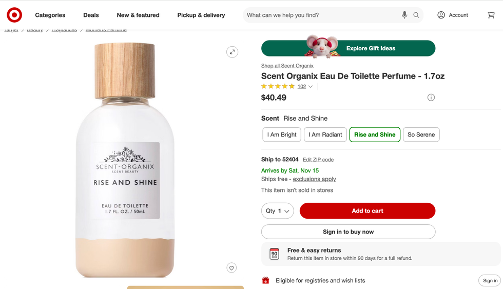 L'eau de toilette Rise and Shine de Scent Organix, vendue sur le site de Target.