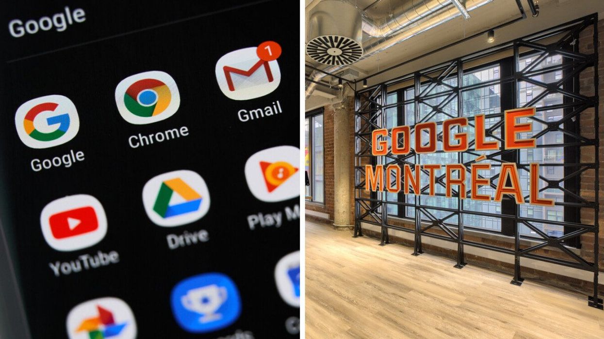 L'écran d'accueil d'un téléphone où se trouve des applications. Droite : l'enseigne de Google Montréal dans les bureaux de Google à Montréal.