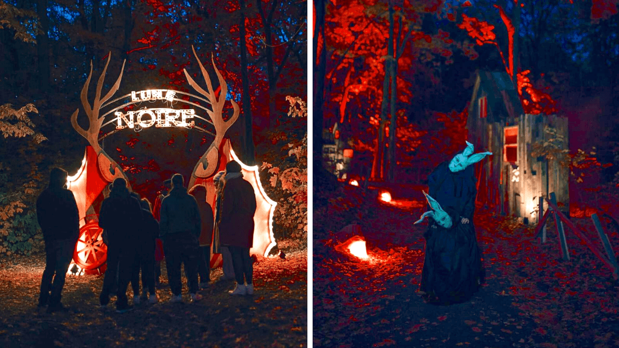 L'édition 2024 de Lune Noire au parc Jean-Drapeau. Droite : Un personnage épeurant au parc Jean-Drapeau.