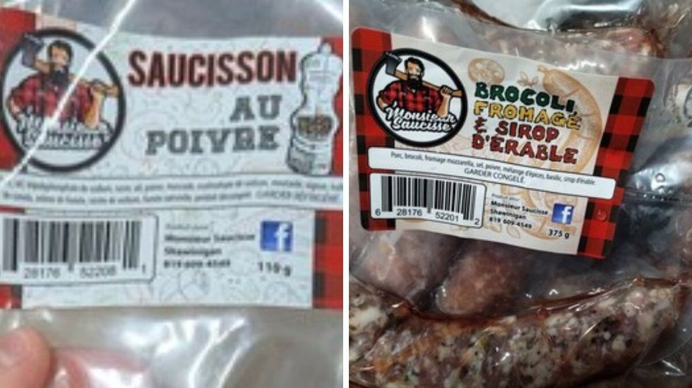 L'emballage de saucisson au poivre de Monsieur Saucisse inc.. Droite : Des saucisses Brocoli, fromage et sirop d'\u00e9rable de Monsieur Saucisse inc..
