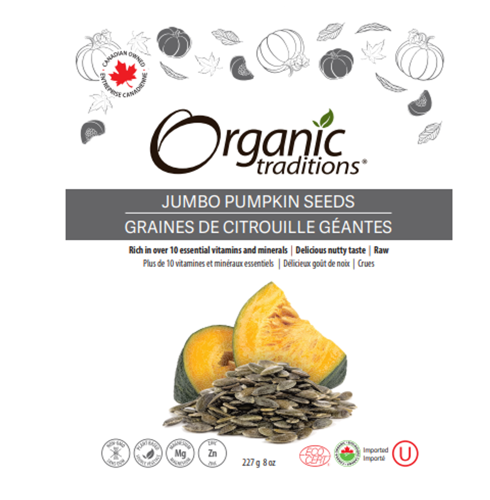L'emballage des graines de citrouille g\u00e9antes de la marque Organic Traditions.