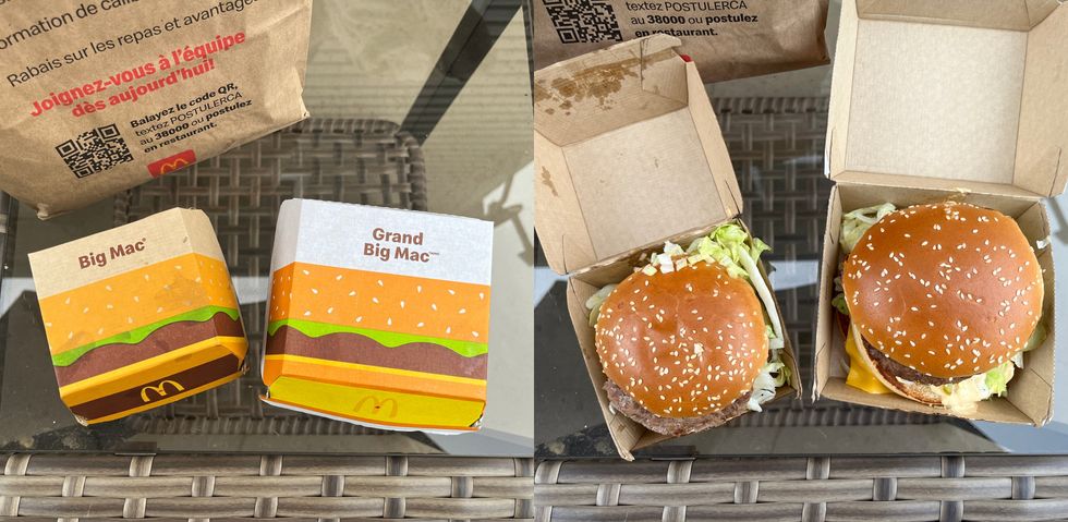 L'emballage du Big Mac et du Grand Big Mac. Droite : Deux sandwiches du McDonald's.