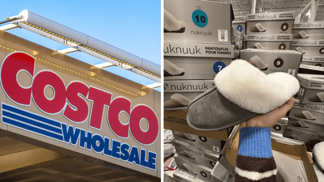 L'enseigne d'un Costco. Droite : Des pantoufles trouvées au Costco.