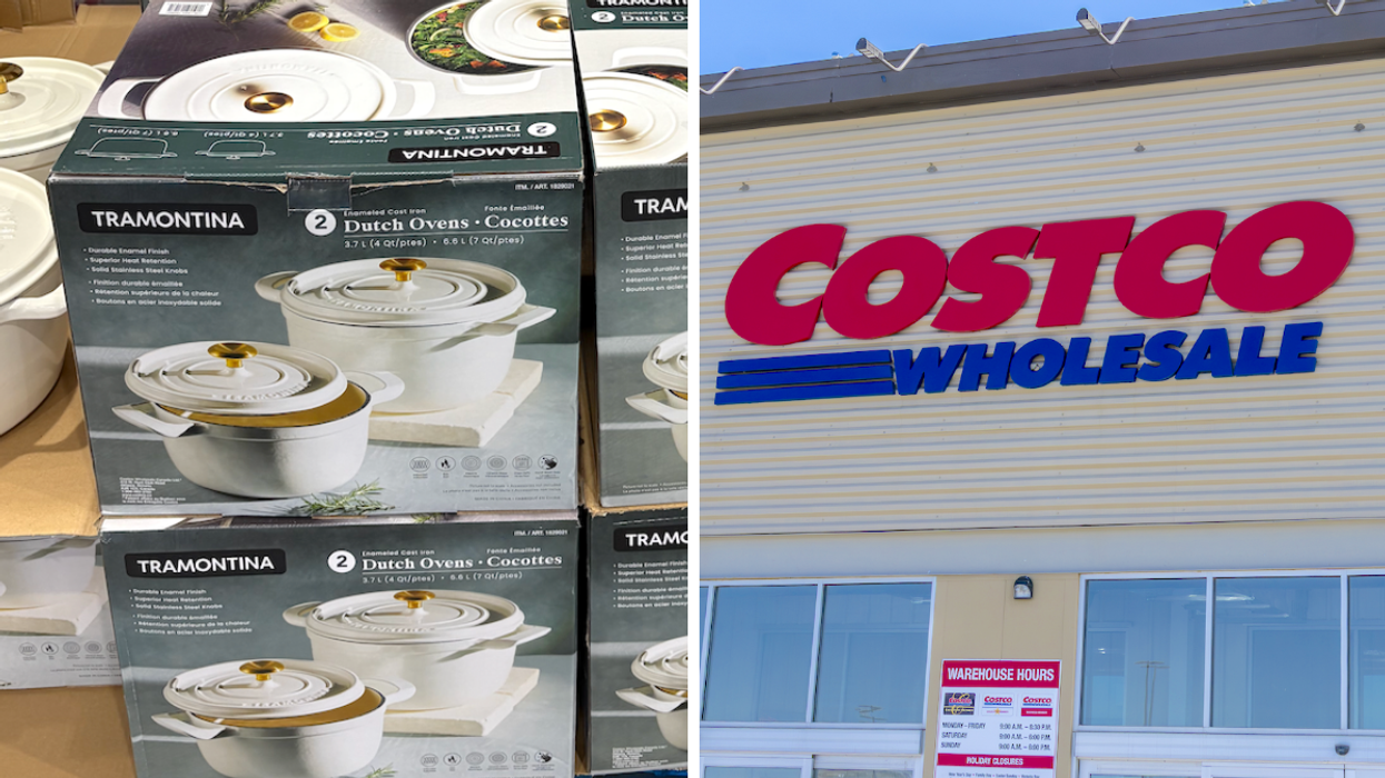 L'ensemble de cocotte en fonte émaillée Tramontina au Coscto. Droite : La façade du Costco.