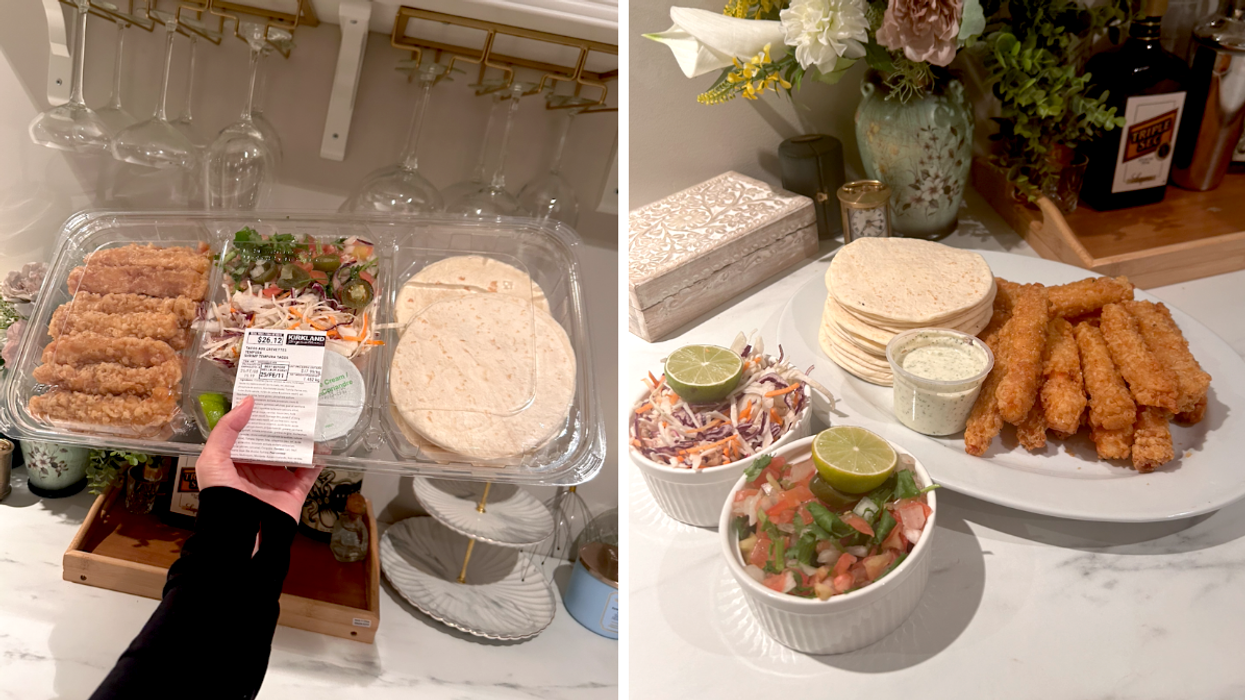 L'ensemble prêt-à-manger de tacos aux crevettes tempura du Costco. Droite : Le contenu de l'ensemble de tacos aux crevettes tempura du Costco dans des bols et une assiette.