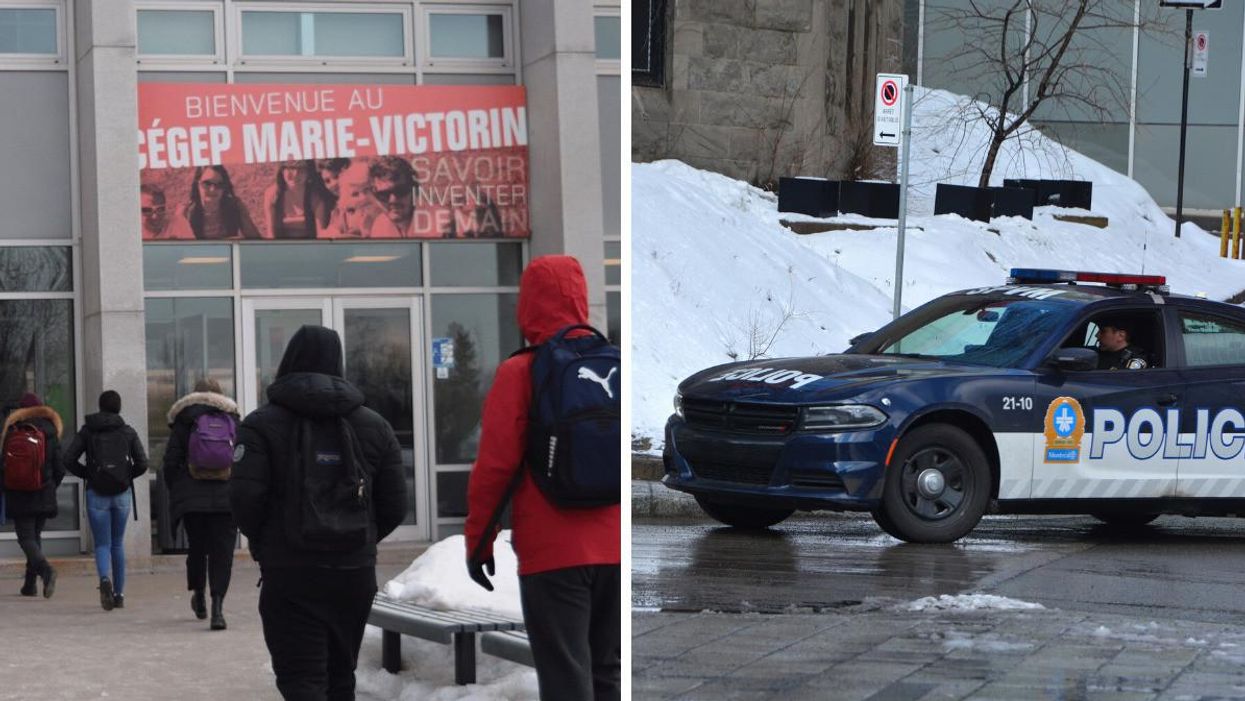 L'entrée du cégep Marie-Victorin. Droite : Une autopatrouille du SPVM.