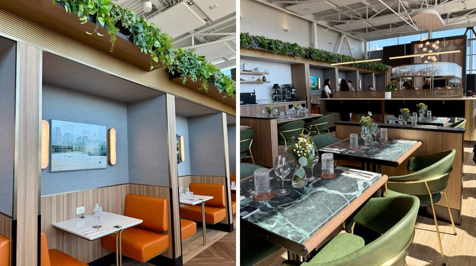 L'espace banquettes au nouveau salon Aspire AMEX. Droite. La salle \u00e0 manger.