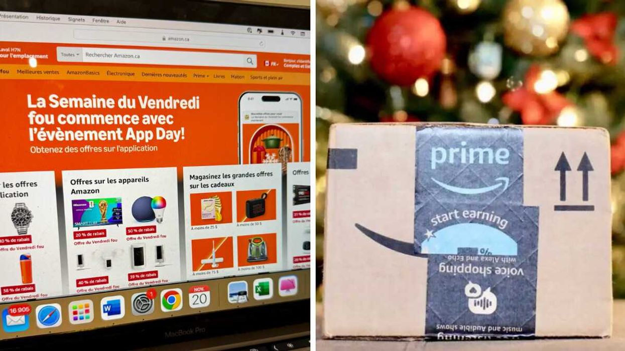 L'événement Vendredi fou sur le site d'Amazon. Droite : des colis Amazon Prime.