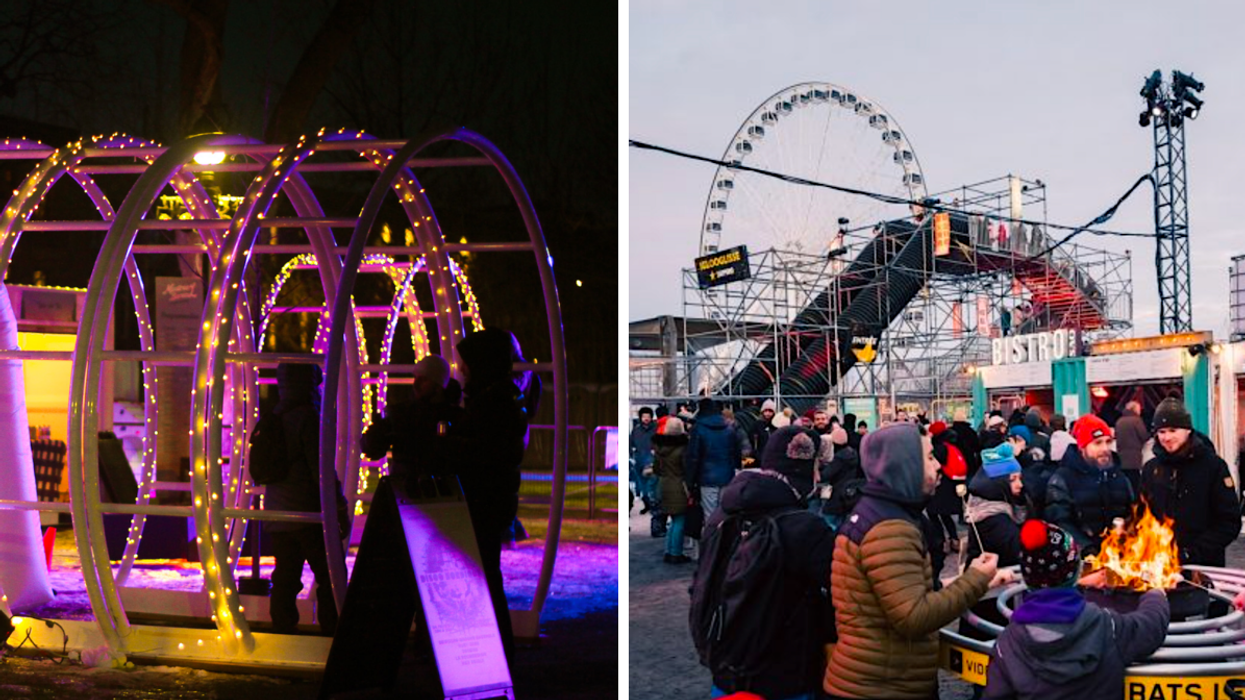 L'igloo de Montréal Boréal. Droite : Des gens à Igloofête dans le Vieux-Port de Montréal.