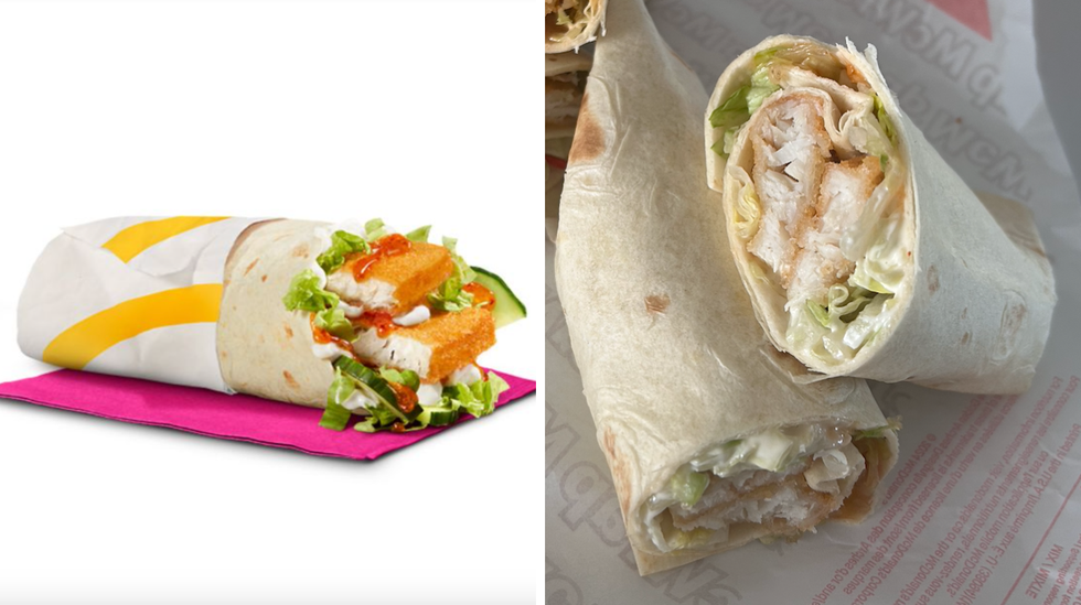 L'image promotionnelle du McWrap poisson et sauce chili doux. Droite : Le McWrap poisson et sauce chili doux en r\u00e9alit\u00e9.