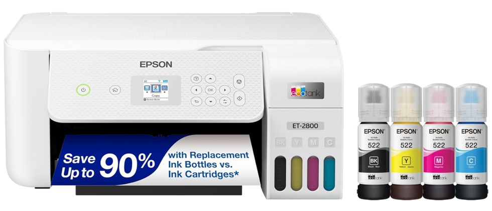 L'imprimante blanche Imprimante Epson Ecotank et ses recharges d'encre sur fond blanc.