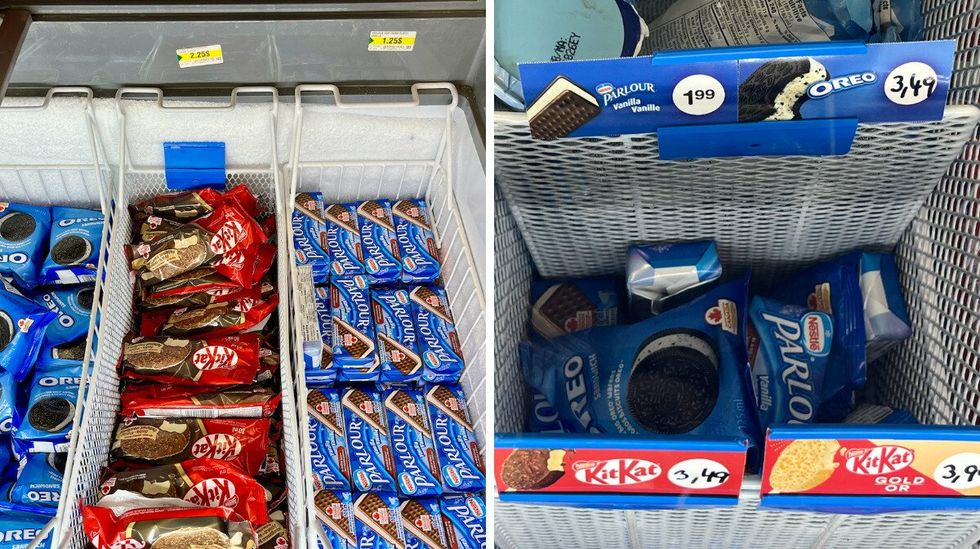 L'int\u00e9rieur du cong\u00e9lateur \u00e0 cr\u00e8me glac\u00e9e au Dollarama. Droite: L'int\u00e9rieur du cong\u00e9lateur \u00e0 cr\u00e8me glac\u00e9e au Couche-Tard.