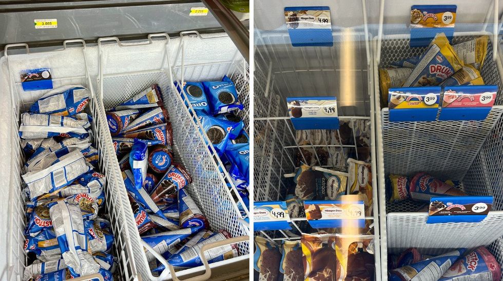 L'int\u00e9rieur du cong\u00e9lateur \u00e0 cr\u00e8me glac\u00e9e au Dollarama. Droite: L'int\u00e9rieur du cong\u00e9lateur \u00e0 cr\u00e8me glac\u00e9e au Couche-Tard.