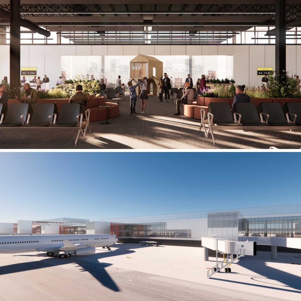 L'int\u00e9rieur du futur terminal satellitaire de l'a\u00e9roport international Montr\u00e9al-Trudeau (YUL). Bas : le terminal satellitaire de l'a\u00e9roport international Montr\u00e9al-Trudeau (YUL)