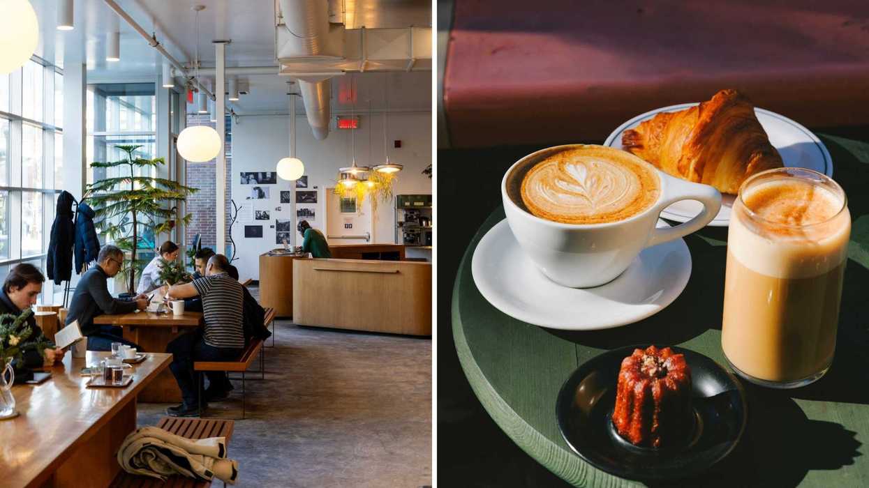 L'intérieur du café Saint-Henri. Droite : un latte et des viennoiseries.