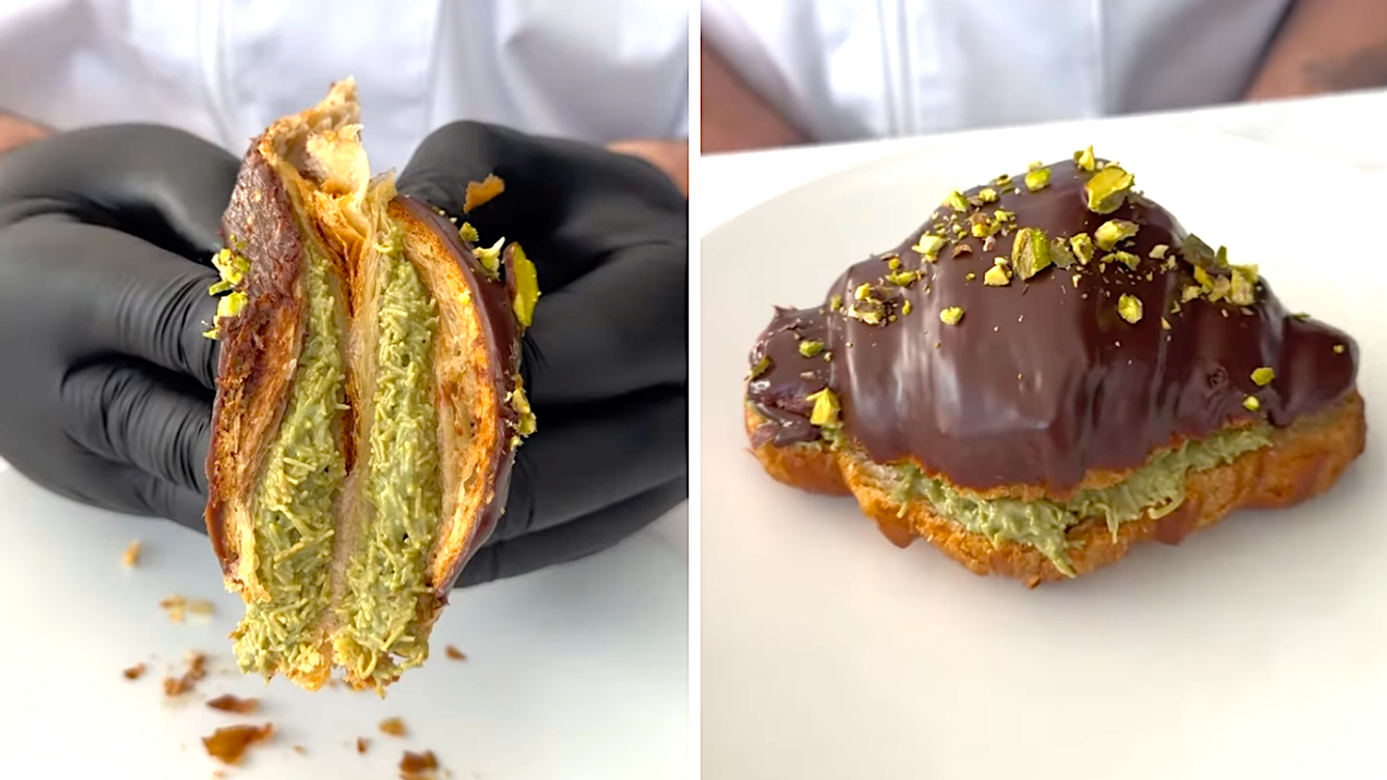 L'intérieur du croissant Dubaï du Duc de Lorraine. Droite : Le croissant au chocolat Dubaï du Duc de Lorraine.