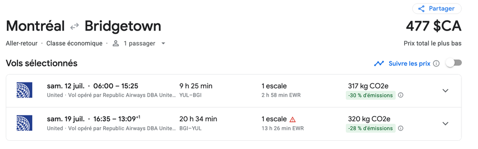 L'itin\u00e9raire d'un vol Montr\u00e9al-Bridgetown \u00e0 477 $ par United Airlines.