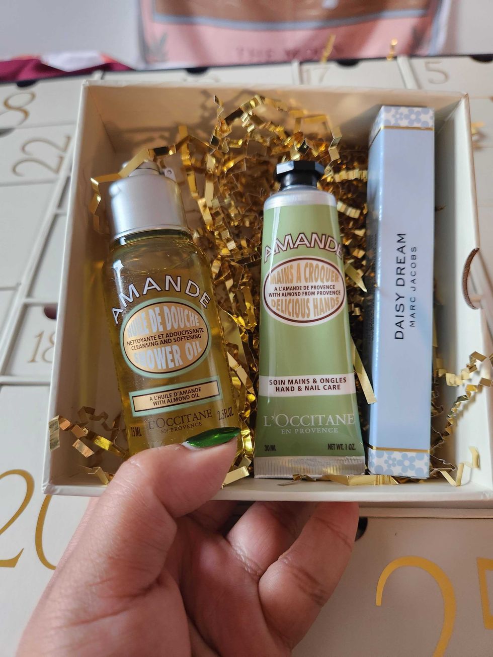 L'Occitane Almond Hand Cream, \u200bL'Occitane Almond Shower Oil and Marc Jacobs Daisy Eau de Toilette.