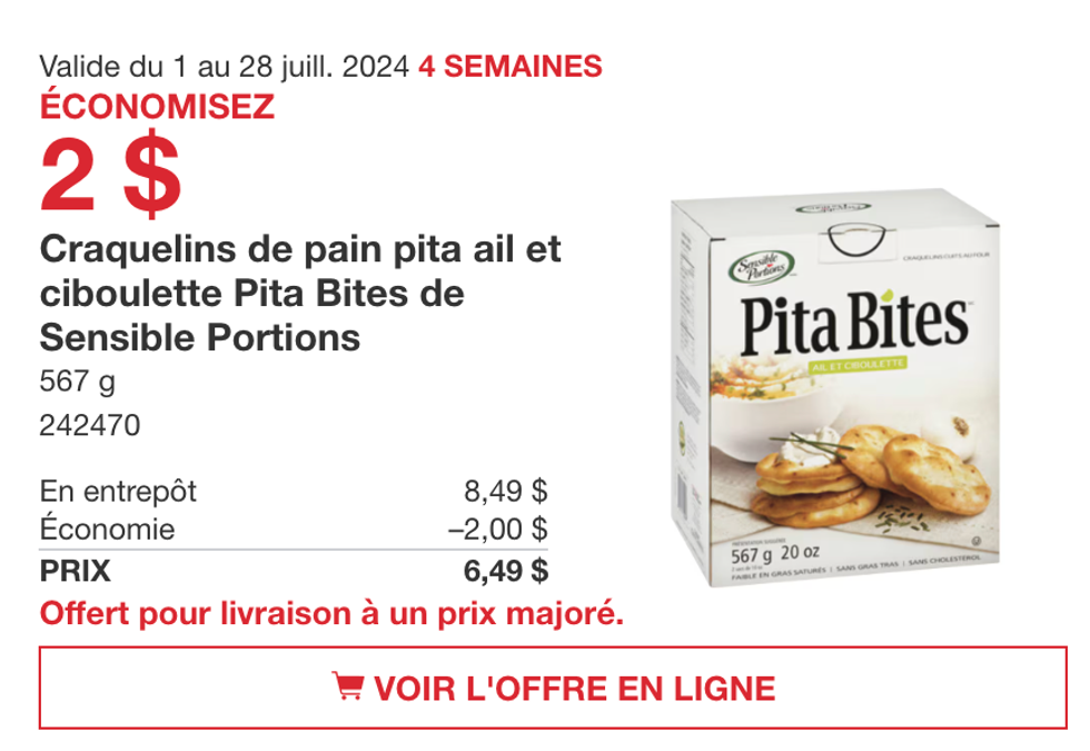 L'offre des Pita Bites de Sensible Portions au Costco.