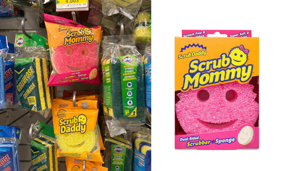 L\u2019\u00e9ponge de nettoyage anti-rayures Scrub Daddy Scrub Mommy sur les tablettes du Dollarama. Droite : L\u2019\u00e9ponge de nettoyage anti-rayures Scrub Daddy Scrub Mommy sur le site de Walmart.