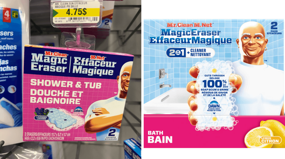L\u2019Effaceur Magique Mr. Clean pour la salle de bain sur les tablettes du Dollarama. Droite : L\u2019Effaceur Magique Mr. Clean pour la salle de bain sur le site de Walmart.